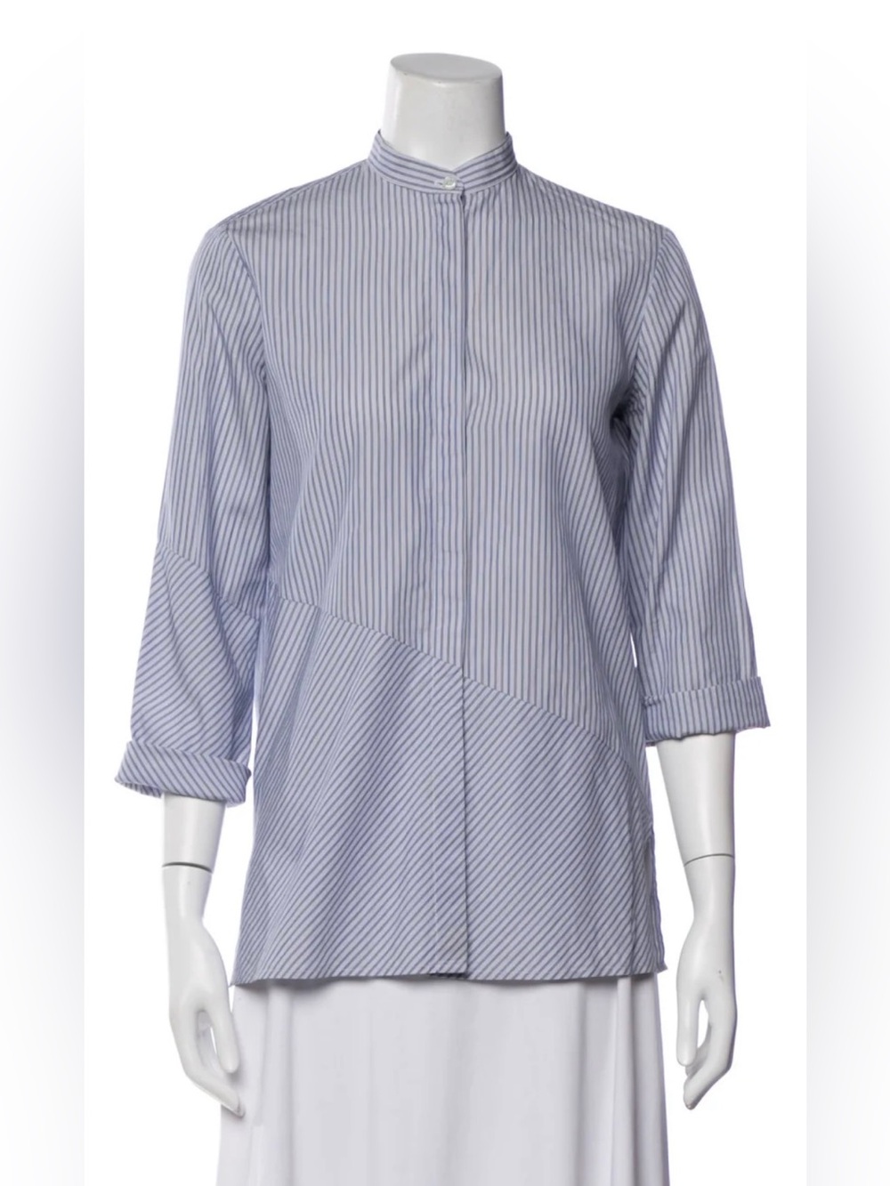 The Row Light Blue and White Striped Mandarin Collar Shirt